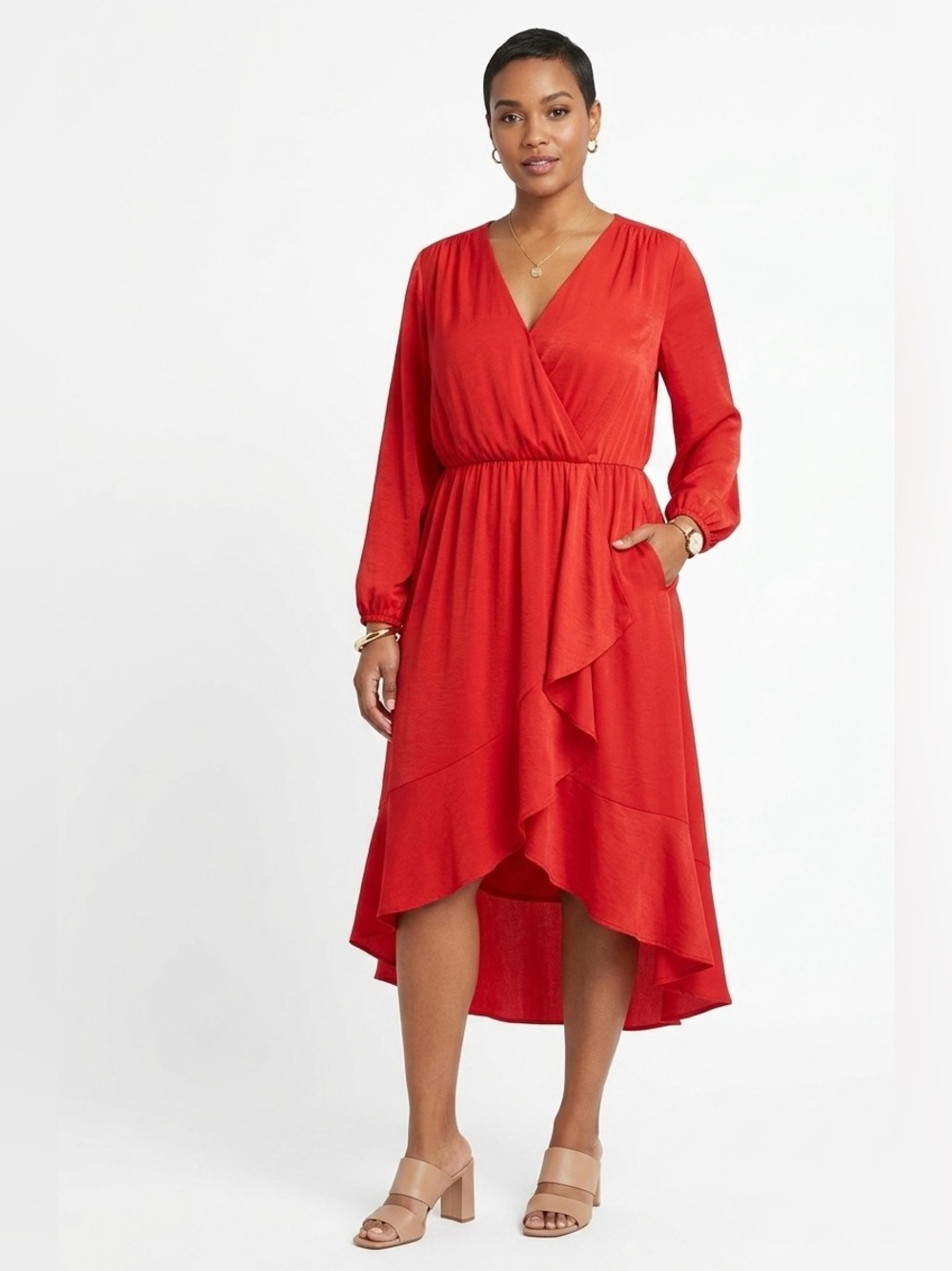 Cato $30 NWT P2P 19-21” Red Long Sleeve High-Low Wrap Maxi Dress w/ Pockets XL